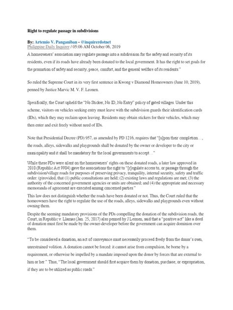 Right to regulate passage in subdivisions .